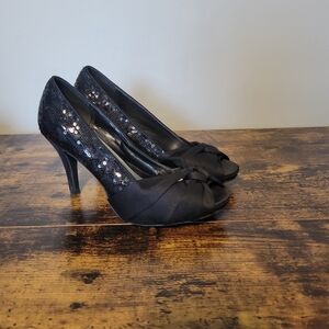 Dressbarn Peep Toe Sequin Women's Heels Black Size 6.5 Y2K